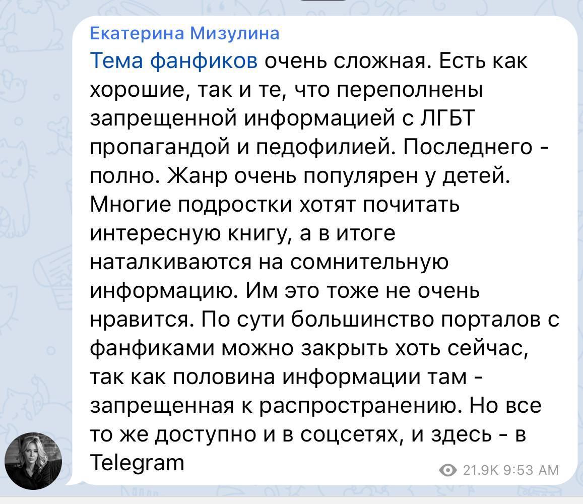 По мнению Екатерины Мизулиной, фанфики переполнены запрещенной информацией ...