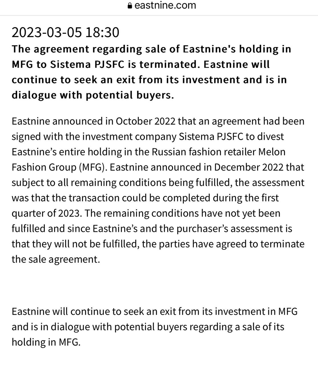 Шведская компания Eastnine не смогла согласовать сделку с АФК &laquo;Системой&raquo;, которая была основана Владимиром Евтушенковым, по продаже модного ретейлера одежды Melon Fashion Group (бренды Zarina, befree,